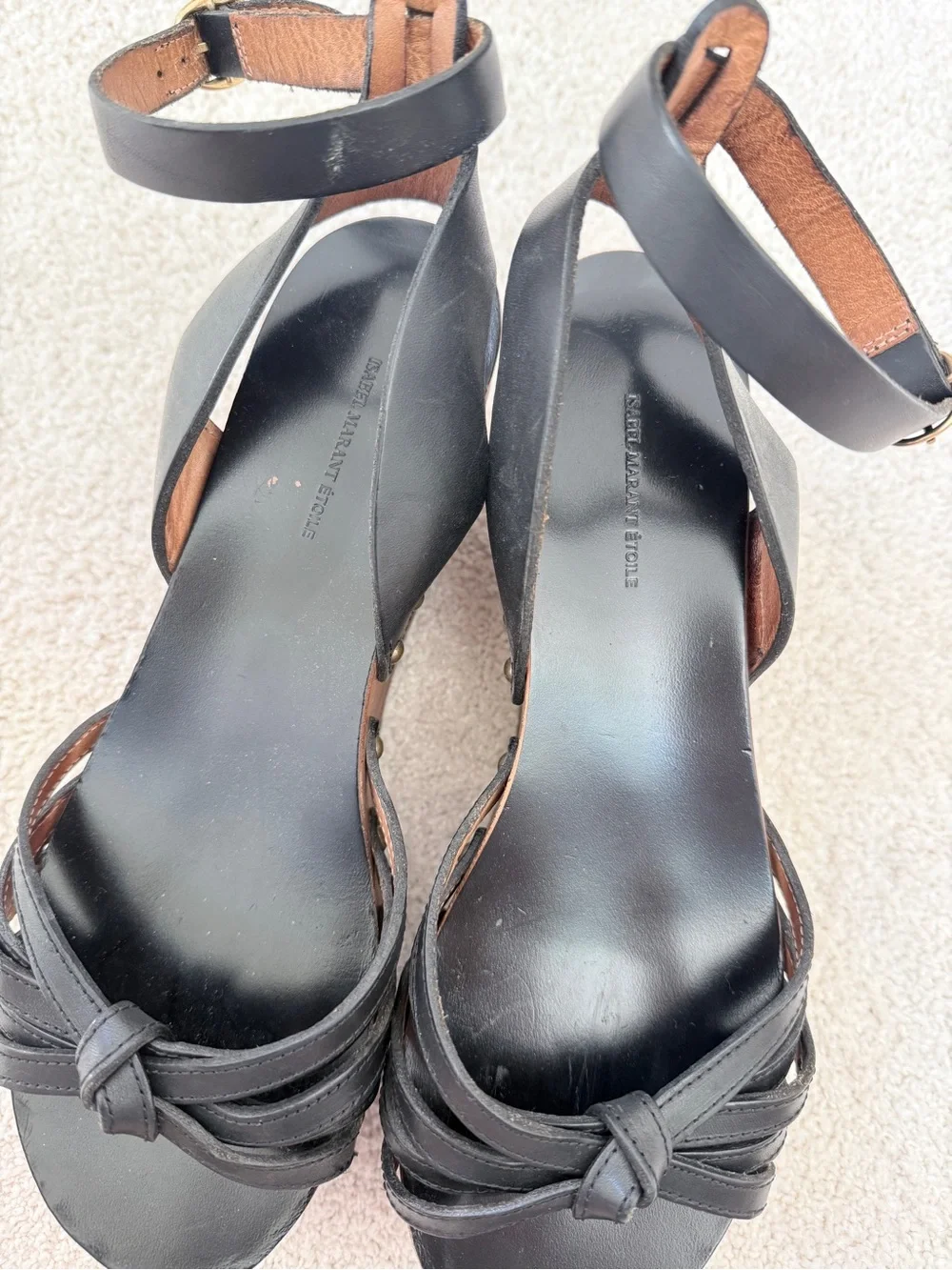 Black Leather Knotted Strap Wedge Sandals